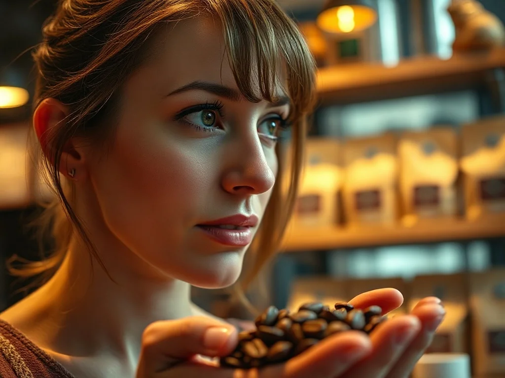 Kobieta z przyjemnością wdycha aromat świeżo palonych ziaren kawy w przytulnej kawiarni.
