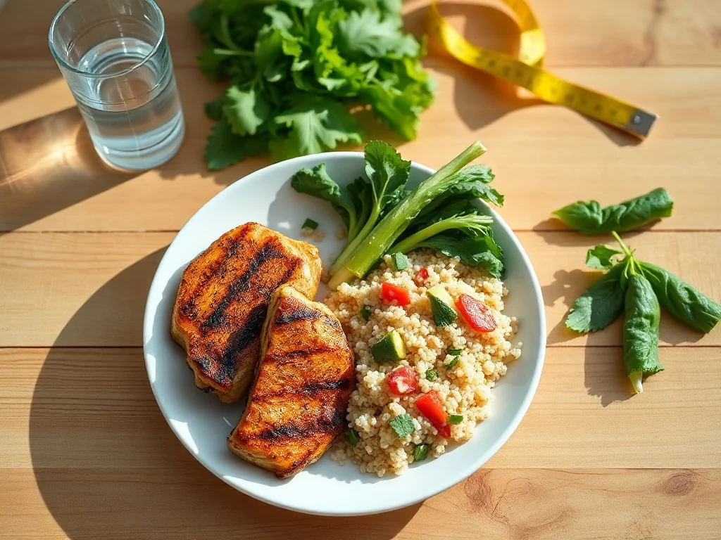 Zbilansowany posiłek z grillowanym kurczakiem, komosą ryżową i warzywami na drewnianym stole, idealny dla diety 1500 kcal.