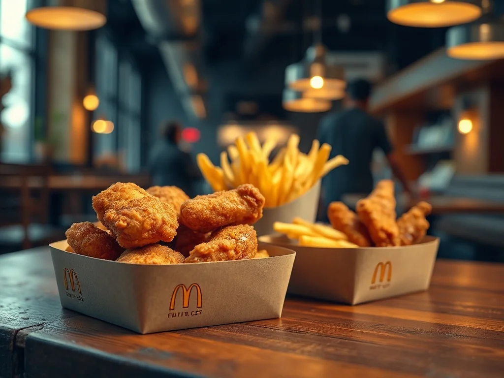 Złociste kawałki kurczaka i frytki w firmowym opakowaniu McDonald's podane na drewnianym stole.