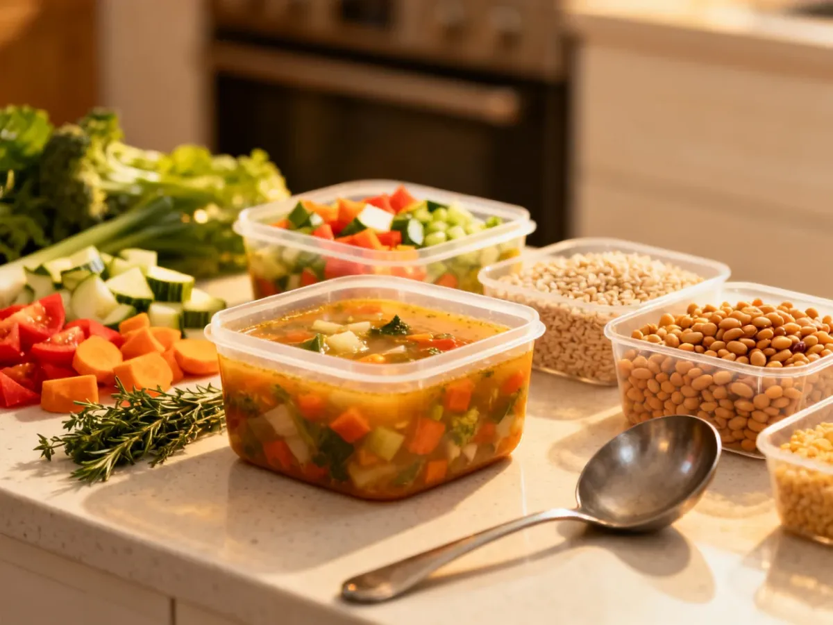 Przygotowane porcje zupy i składniki do meal prepu