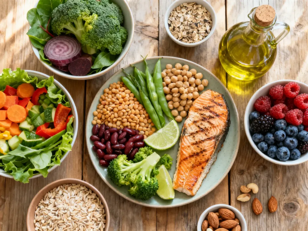 Zbilansowany posiłek bogaty w warzywa, strączki, pełne ziarna i kwasy omega-3