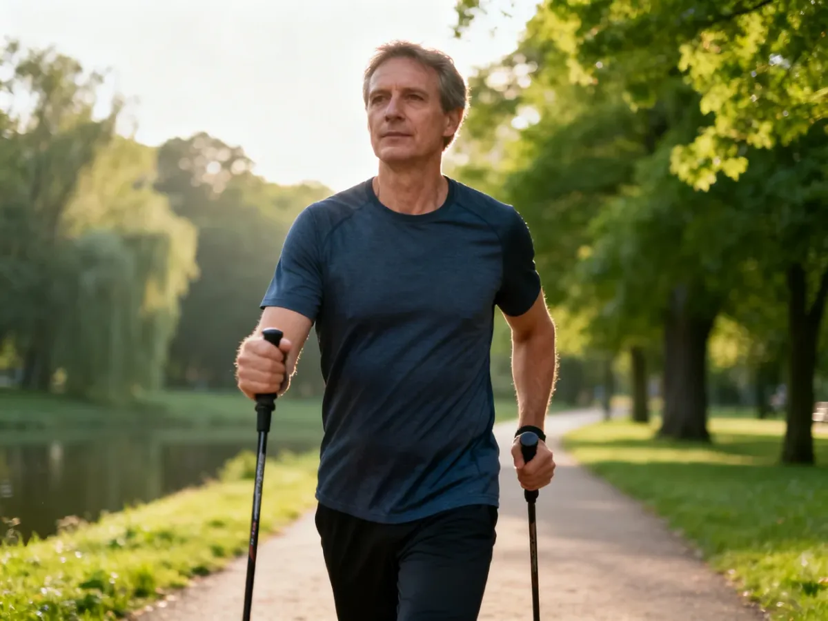 Osoba ćwicząca nordic walking na zielonej parkowej ścieżce