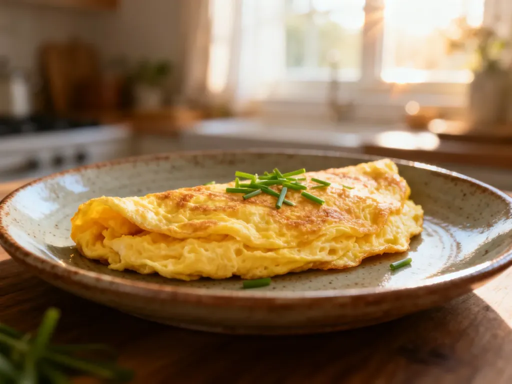 Puszysty, złocisty omlet posypany świeżym szczypiorkiem, podany na rustykalnym talerzu w słonecznej kuchni.