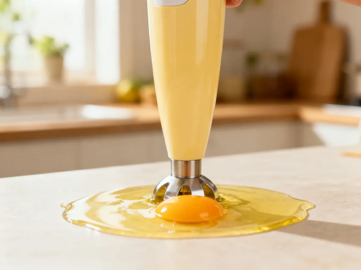 Blender ręczny tworzący emulsję majonezową w wysokim, wąskim naczyniu