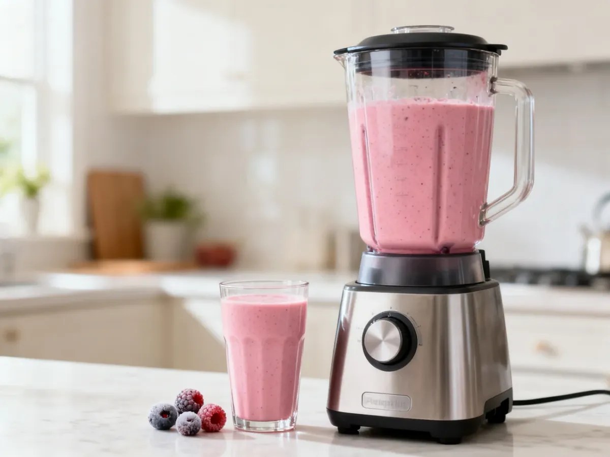 Blender przygotowujący gładki koktajl proteinowy z owocami