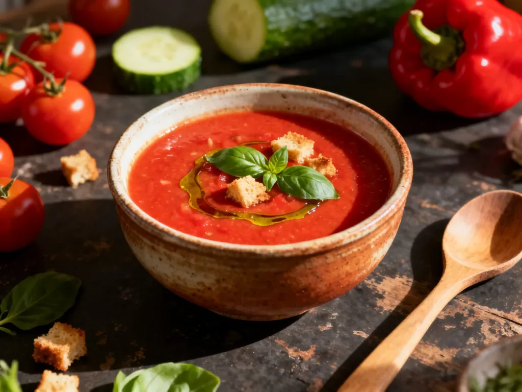 Miska czerwonego gazpacho z oliwą, bazylią i grzankami, otoczona świeżymi warzywami na rustykalnym stole.