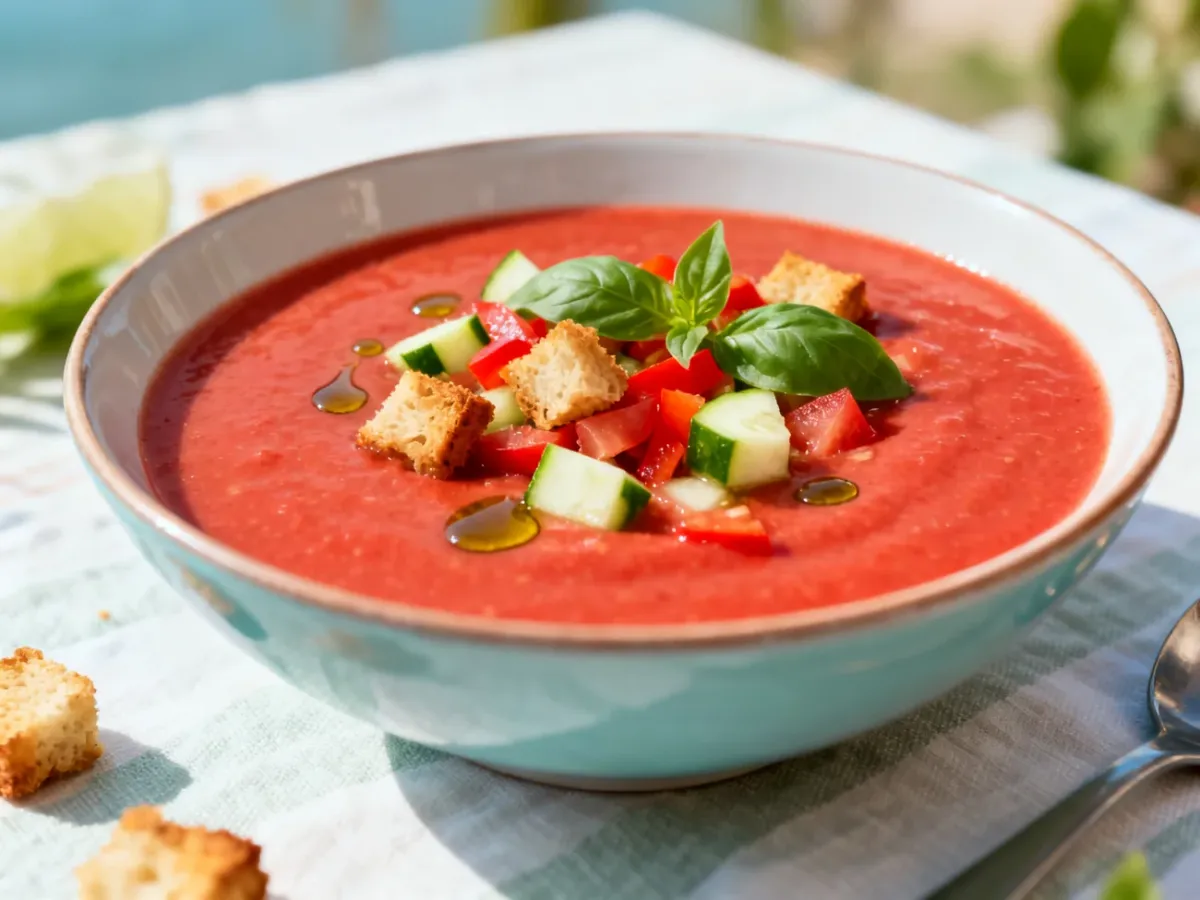 Schłodzone gazpacho udekorowane świeżymi warzywami, bazylią i grzankami