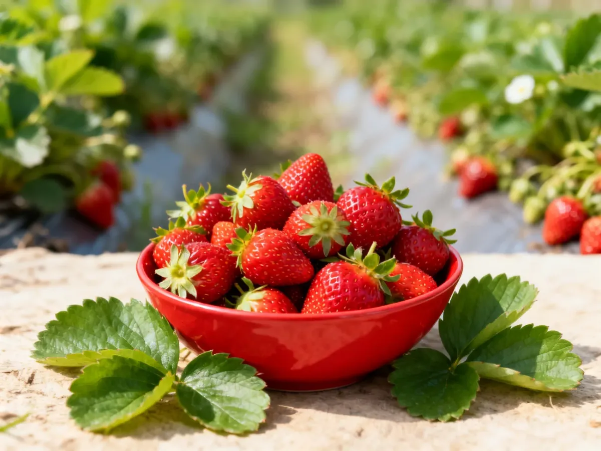 Miska świeżych truskawek na tle plantacji