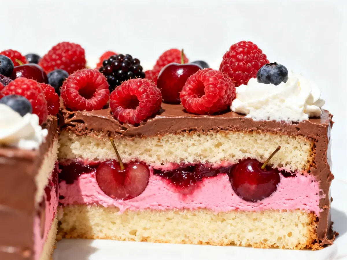 Przekrój tortu warstwowego z kremem czekoladowym, mascarpone i owocami