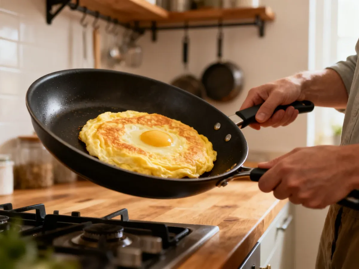 Sprawdzanie gotowości puszystego omletu na patelni