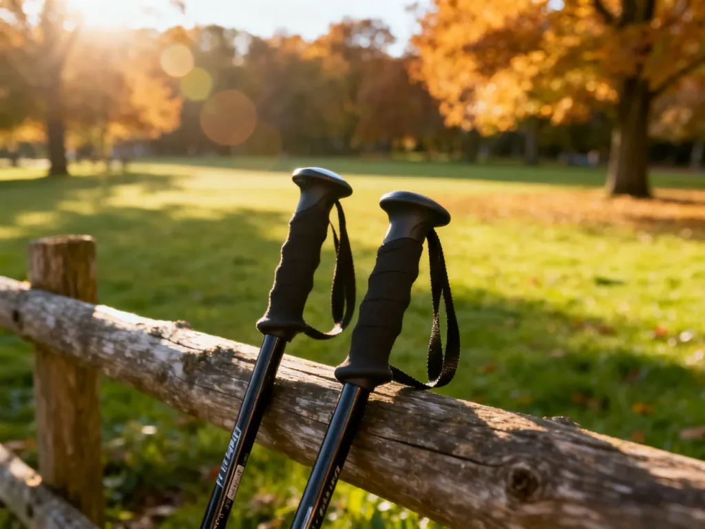 Kije do nordic walking oparte o drewniany płot w parku, symbolizujące przygotowanie do treningu w jesiennej scenerii.