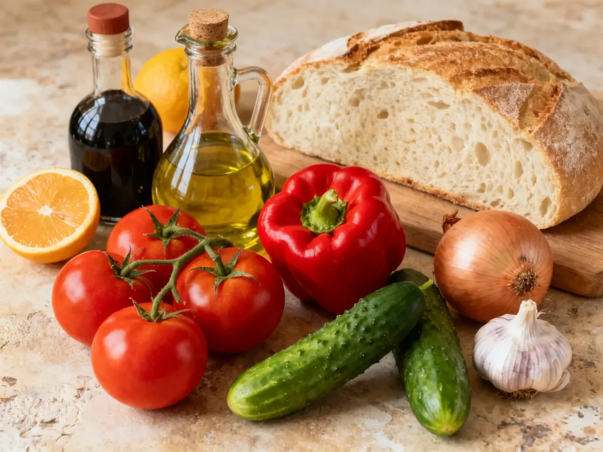 Składniki potrzebne do przygotowania gazpacho ułożone na kuchennym blacie