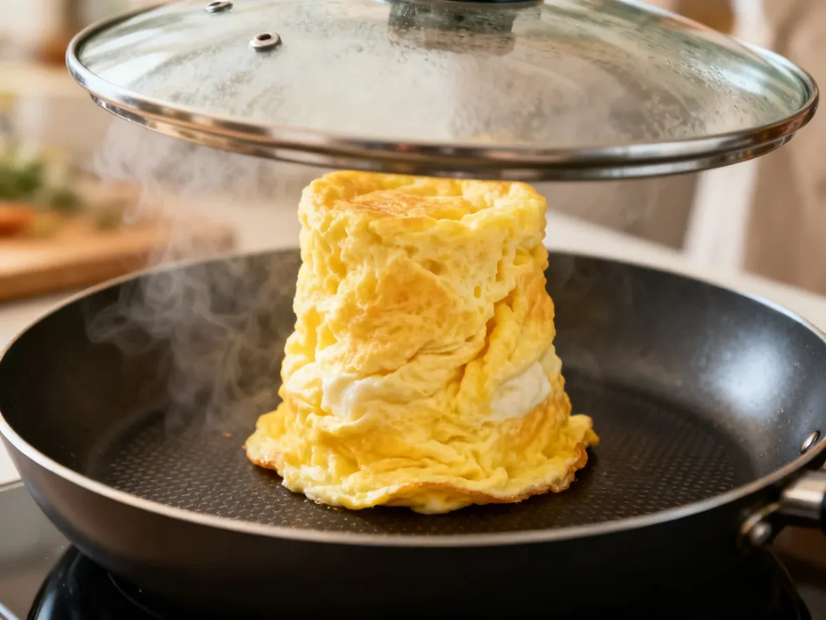 Puszysty omlet smażący się pod przykrywką na patelni