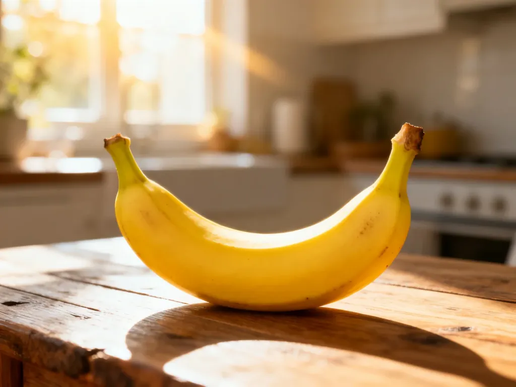 Świeży, żółty banan leżący na drewnianym stole w słonecznej kuchni, podkreślający naturalne wartości odżywcze owocu.